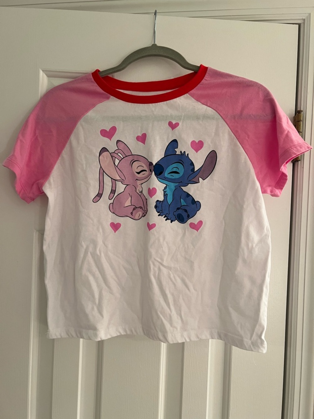 Disney Stitch Tee with Pink Raglan Sleeves and Blue & Pink Stitch Graphic